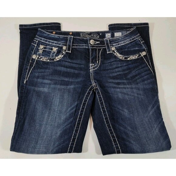 Miss Me Women's Jeans Size 26 Mid Rise Easy Skinny Embellished Pockets Dark Wash - Picture 3 of 12
